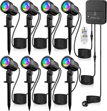 MEIKEE RGB Garden Lighting with Remote Control - 10 Colors, 30 Dynamic Modes, IP66 Waterproof, Timing Function, 8 Pack with EU Plug