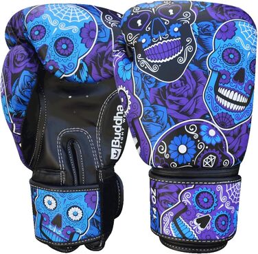 Buddha Fight Wear Luzbel Boxing Gloves - Muay Thai & Kickboxing - Premium PU Leather - Odor Resistant - Reinforced Stitching - Various Designs (16oz, Purple)
