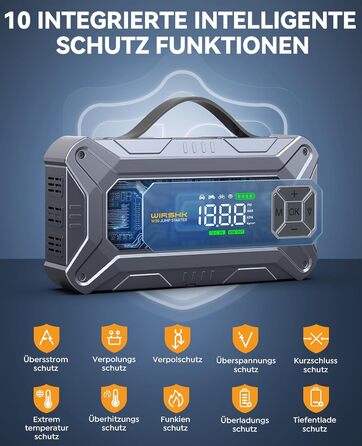 Портативний пусковий пристрій 8000A з повітряним компресором 160 PSI для бензинових та дизельних двигунів (до 10 л), з дисплеєм та аварійною світлодіодною лампою