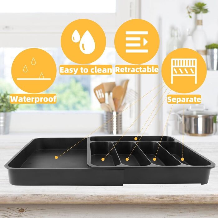 Органайзер для столових приладів висувний, 6 відділень, чорний пластик – регульоване кухонне зберігання для посуду та ножів