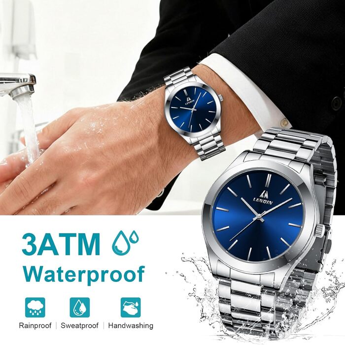 Годинник чоловічий LENQIN, водонепроникний, з нержавіючої сталі, кварцовий, аналоговий, з сапфіровим склом (Argent Bleu)
