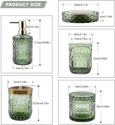 Bathroom Set, 5-Piece Glass Bathroom Accessory Sets including Lotion Dispenser, Soap Dish, Toothbrush Holder, Cup, Cotton Swabs, Modern Bathroom Decoration, Vintage Gift, Bathroom Decor Set (Green)