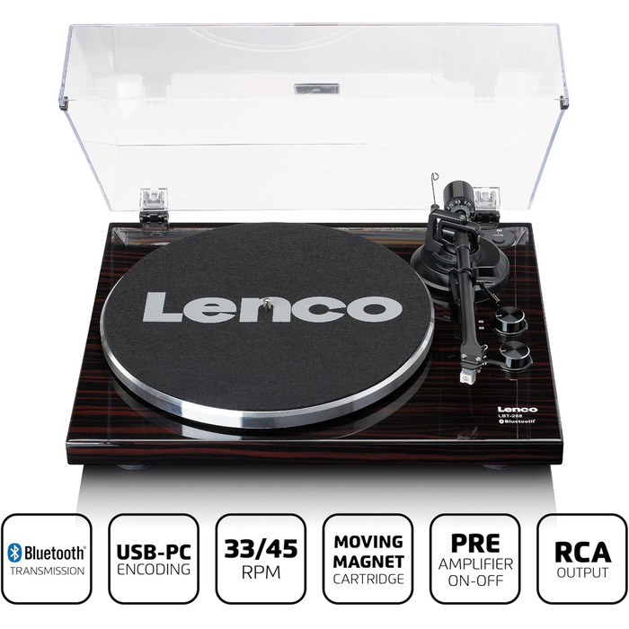 Програвач вінілу Lenco LBT-188 Bluetooth коричневий (горіх) - Ремінний привід, 2 швидкості, оцифрування на MP3