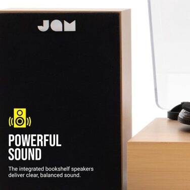 Програвач вінілу JAM з колонками Bluetooth – дерев'яний програвач пластинок з вбудованими колонками, 3 швидкості, пилозахисний ковпак, попередньо налаштований тонарм, засіб для чищення вінілу в комплекті, чорний