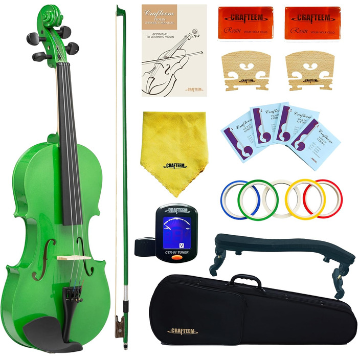Скрипка Crafteem для початківців, дітей та дорослих, ручної роботи, з 5 кольоровими гриф-стрічками (1/2, зелена)