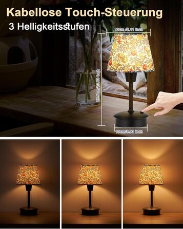 Акумуляторна настільна лампа: портативна, з регулюванням яскравості, для дому та саду. Тканинний абажур, античний метал, квітковий принт