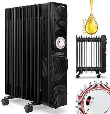Електричний масляний радіатор KESSER® 2500W з вентилятором, 11 ребер, таймер, термостат, захист від перегріву, білий/чорний