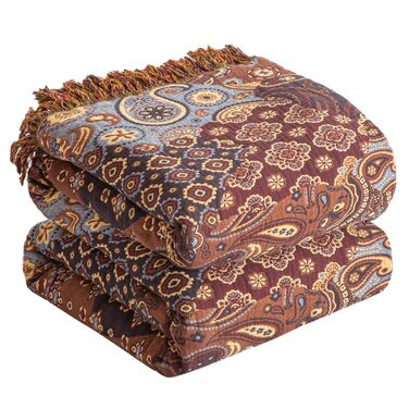 Плед Boho Softexly з 100% бавовни – двосторонній мусліновий плед 150x200 см, м'який плед на диван та ковдра на ліжко, естетичний дизайн, ідеально для вітальні та спальні, помаранчево/блакитний (150 x 200 см, візерунок Пайслі)