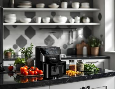 Фритюрниця повітряна LEHMANN з 2 камерами, 2400 Вт, AirFryer XXL, 12 програм, до 200°C, WiFi, 8л, чорний колір, з оглядовим вікном