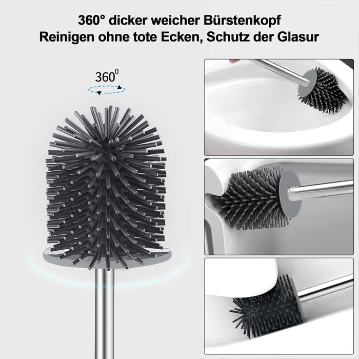 Силіконова щітка для туалету Glowbal з контейнером, швидковисихаюча, для ванної кімнати, монтаж на стіну або стоячи, білий/сірий колір