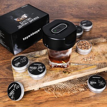 Набір для копчення віскі Toys4Boys Premium - з дерев'яною кришкою, 4 арома-стружками та запальничкою. Ідеальний подарунок для чоловіків. Набір для інфузії віскі без бутану, 6 арома-стружків