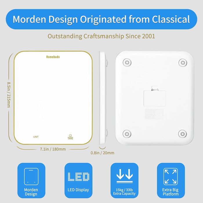 Кухонні ваги Homebuds 15 кг, цифрові, з LED-дисплеєм, точність 1 г/0,1 унції, для випічки та приготування їжі, скло, 3 AAA батарейки в комплекті