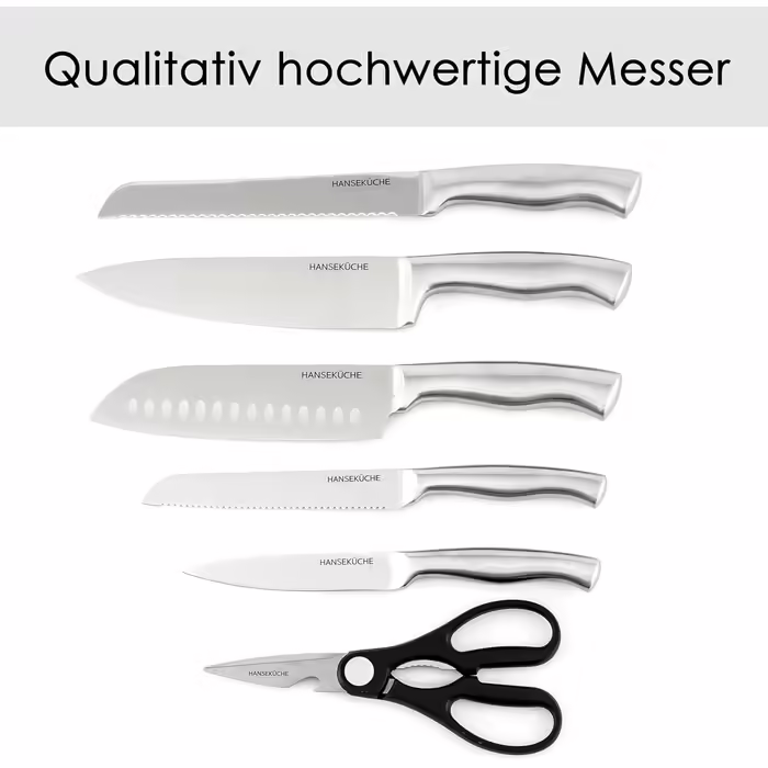 Hanseküche Knife Block - 7-Piece Knife Set with Integrated Sharpener - Knife Holder with Knives - Kitchen Knife Set Chef's Knife, Knife Set with Block, Black Knives