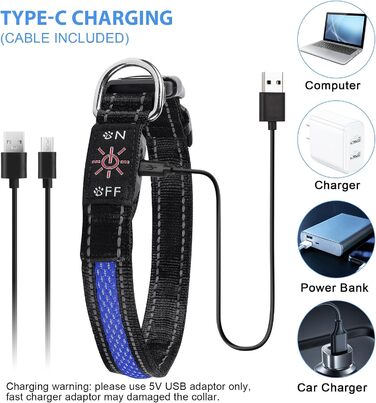 Світлодіодне нашийник для собак AUAUY, USB-зарядка, водонепроникний, регульований, 6 кольорів, розмір S (11.8-15.7'/30-40 см), колір: блакитний