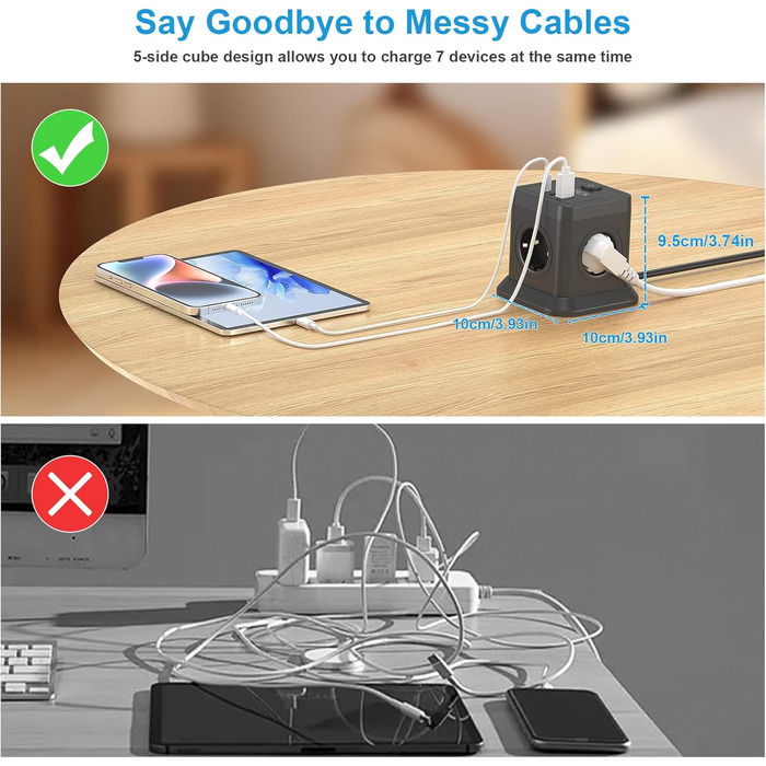 Багатофункціональний мережевий адаптер FDTEK 7-в-1 з USB-C та USB-A, 4 розетки, 2500W/10A, куб з вимикачем, кабель 1.8м, чорний