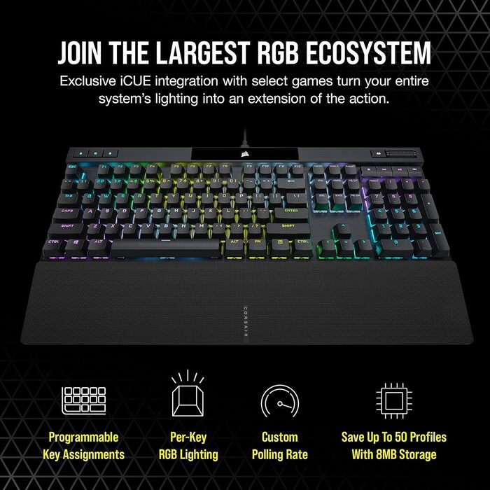Механічна ігрова клавіатура Corsair K70 MAX RGB з перемикачами MGX, регульованою точкою активації, клавішами PBT Double-Shot, сумісна з iCUE, QWERTY NA розкладка, сталево-сірий колір