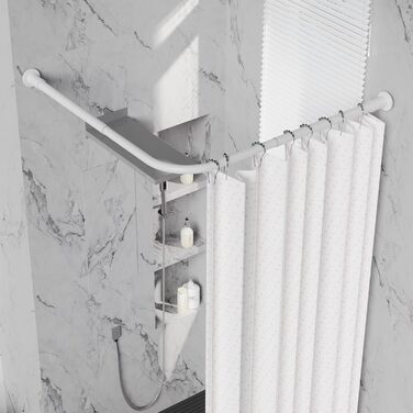 Регульована штанга для душу L-Form, 68–96 см × 68–96 см, нержавіюча сталь, кутова, вологостійка, з 12 кільцями та комплектом шурупів, білий колір