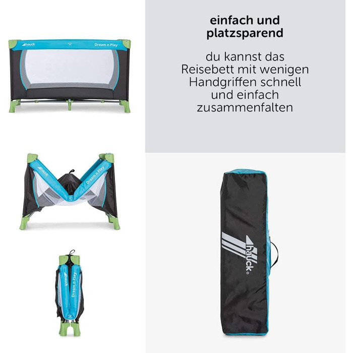 hauck Baby Travel Cot Set Dream n Play with Mattress - foldable baby travel cot with bag - Blue Waterblue