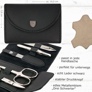 Набір манікюру DREI SCHWERTER 'Anzio III' 5 шт. | Набір для догляду за нігтями в шкіряному етажері чорного кольору | Зміст: кусачки для нігтів, ножиці для кутикули, пінцет, алмамна пилка для нігтів, засіб для очищення нігтів (шкіряний етажер - чорний Anzi