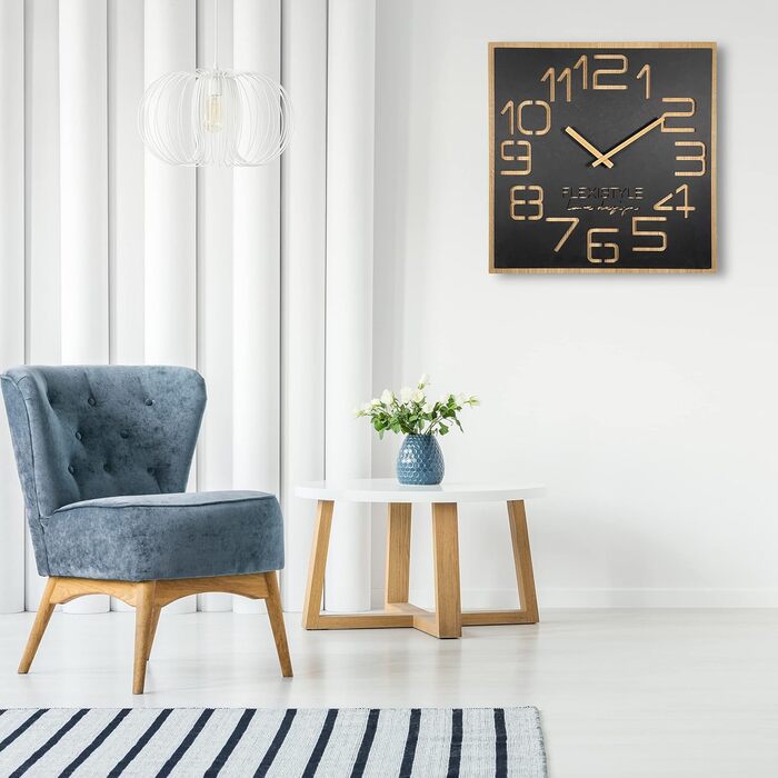 FLEXISTYLE Wall Clock Large Wood-Look Wood Digits ECO, Square Silent, Living Room, Bedroom, Made in EU (Black, 60 cm)