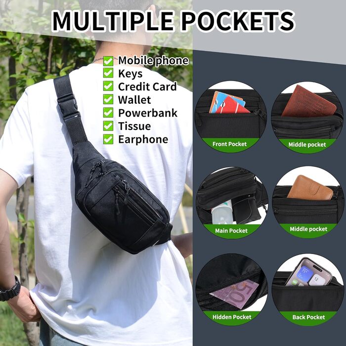 Чоловіча/Жіноча поясна сумка на пояс, 30 см, унісекс, для подорожей, туризму, прогулянок з собакою, чорна