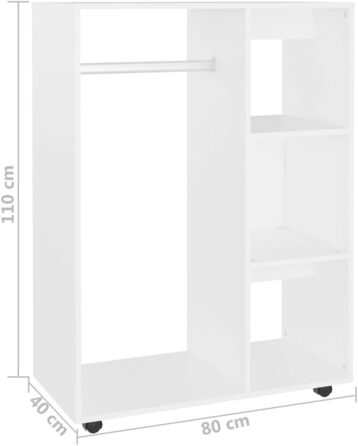 vidaXL Wardrobe with Open Shelf, 3 Side Shelves, Wheels, Coat Rack, Wardrobe, Bedroom, Cabinet, White, 80x40x110cm, Wood Composite
