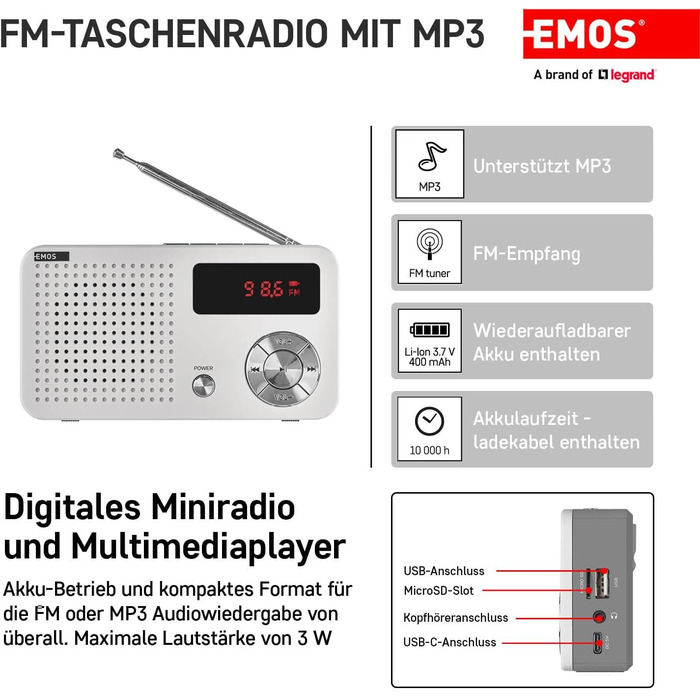 Портативне радіо EMOS з MP3-плеєром та акумулятором, FM радіоприймач, USB-C, Micro SD, білий/сірий