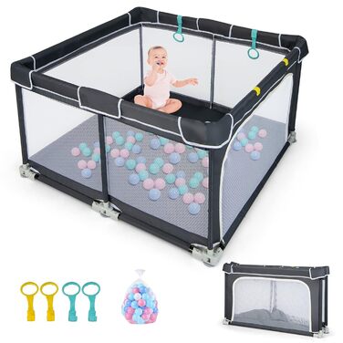 DREAMADE Playpen Baby, 124 x 124 cm Playard Foldable with 50 Play Balls & 4 Pull Rings, Safety Net with Breathable Mesh & Zipper (Dark Grey)