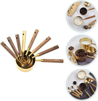 STOBAZA Measuring Cup and Spoon Set of 8 Stainless Steel Pieces, Stackable Measuring Cups and Kitchen Baking Utensils with Wooden Handle for Wine Ingredients, Milk Powder