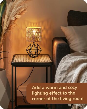 EDISHINE Настільна лампа, сучасний індустріальний дизайн, цоколь E14, вінтаж, для спальні/вітальні, білий & золотий (ротанг + чорний)