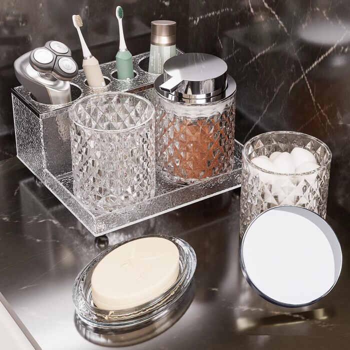 Набір аксесуарів для ванної кімнати зі скла, 5 предметів: мильниця, стакан, органайзер, тримач для зубних щіток, флакон для мила. Прозорий декор для раковини.