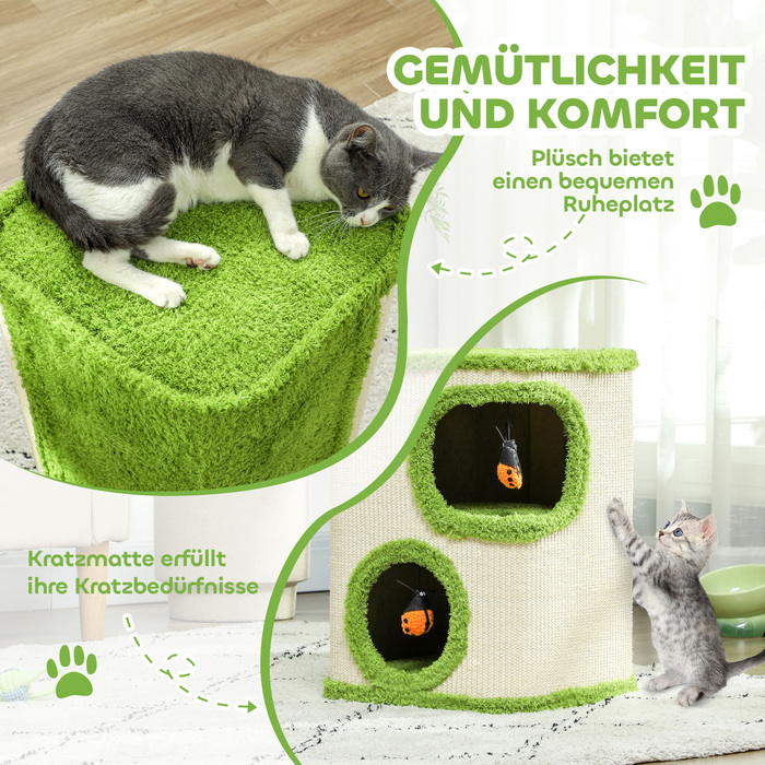 PawHut Дряпка для котів, 52 см у висоту, котячий домик з 2 печерами, котячий шкребок з іграшкою-божником, котяча вежа з сизалю, для котів до 5 кг, Зелений+кремовий білий | Aosom