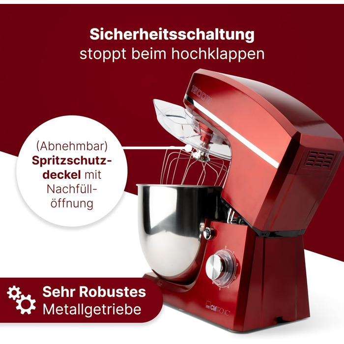 Планетарний міксер Clatronic KM 3765 XXL для випікання, чаша 10л, 1500 Вт, червоний