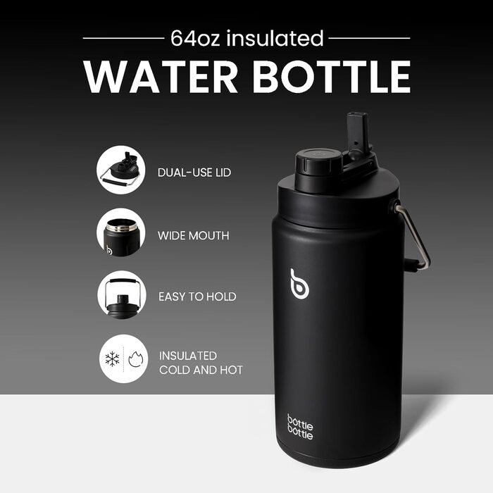 BOTTLE BOTTLE Insulated Stainless Steel Water Bottle 64oz (1.8L) with Straw, Lid, Handle & Pill Compartment – BPA-free, Leak-proof, Ideal Drinking Bottle for Sports, Fitness, Hiking & Outings (Black)
