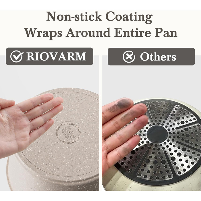 Набір посуду RIOVARM з індукційним дном, 15 предметів: каструлі та сковороди з антипригарним гранітним покриттям та знімними ручками, кришки з силікону. Без PFOA.