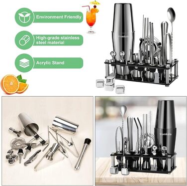 Cocktail Shaker Set, Boston Cocktail Shaker with Stand, 25pcs Bar Accessories Cocktail Mixer Supplies, 750ml Stainless Steel Cocktail Shaker Gifts, Cocktail Decor Bar Counter Pourer Spirits