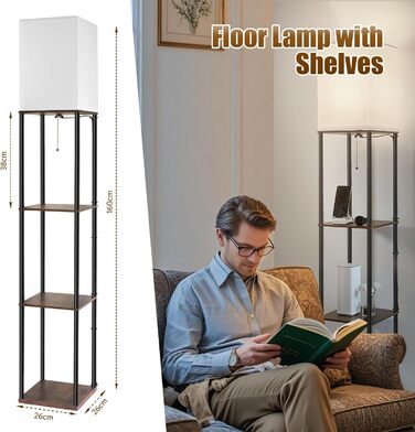 Сучасна торшер BBHome з полицею, регульоване LED освітлення 3 кольорів, 9W, для вітальні, спальні, офісу, дерево, білий/rustikales Braun
