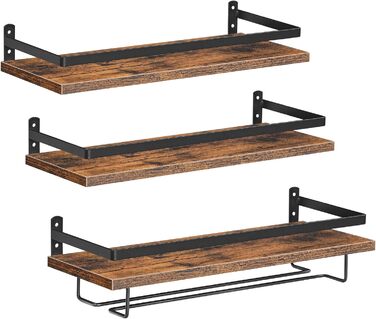 HOOBRO Wall Mounted Wine Racks 3-Piece Set, Wine Racks, Hanging Floating Wall Shelves, Wine Glass & Bottle Holders, Stemware Holders, for Living Room, Dining Room, Kitchen, Vintage Brown and Black EBF34BJ01