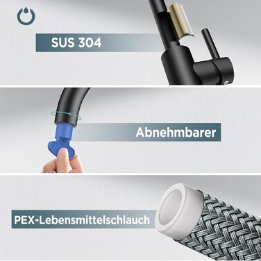 Змішувач кухонний FORIOUS, поворотний 360°, L-подібний, для 1 отвору, матовий чорний