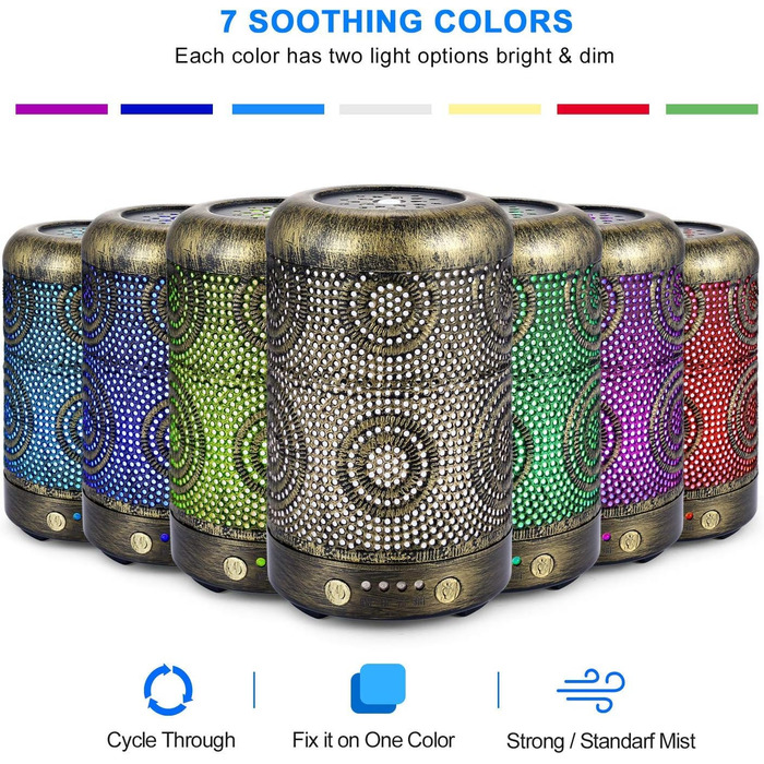 SALKING Аромадифузор, 100 мл, Металевий, для дому та офісу, з підсвіткою, 7 кольорів, для ефірних олій, зволожувач повітря, золотий