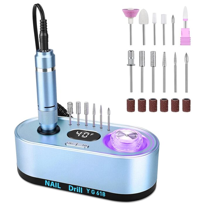 Електрична шліфувальна машинка для нігтів, професійна, 40000 об/хв, LCD манікюр/педикюр, набір з багатофункціональною базою, портативна, з підсвічуванням, сенсорне керування (Світло-блакитний)