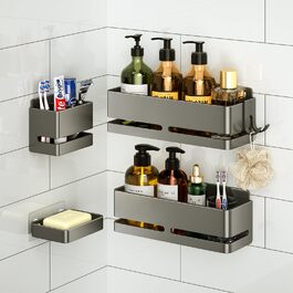 Набір полиць для ванної кімнати (5 шт.) з мильничкою та тримачем для зубних щіток, без свердління, сірий
