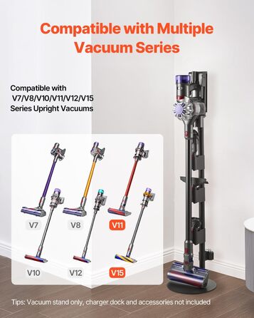 Підставка для пилососа VEVOR 126 см, сумісна з Dyson G5 V15 V12 V11 V10 V8 V7 V6, з аксесуарами, 6 гачків, антиковзаючі ніжки, срібна
