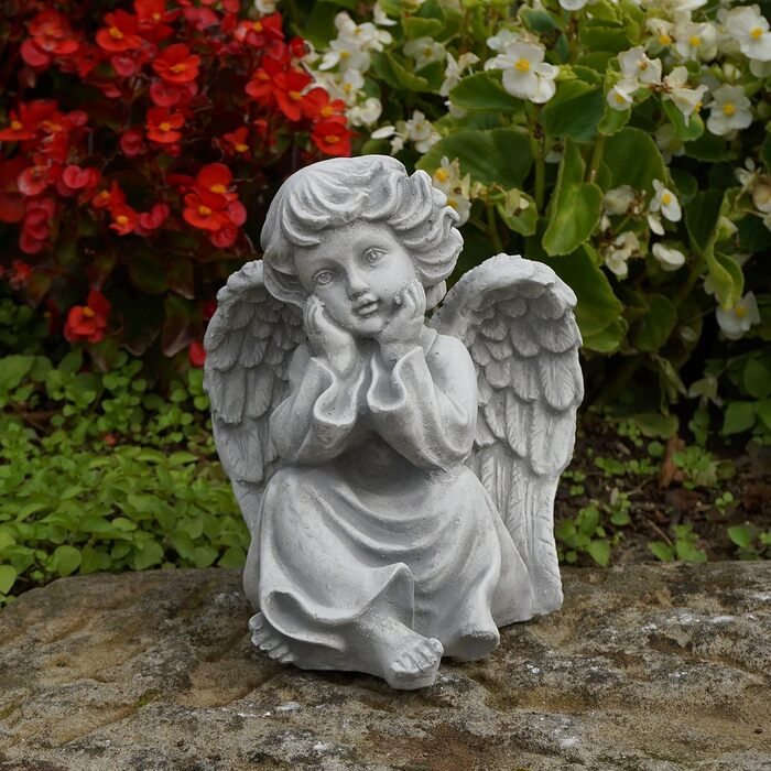 gartendekoparadies.de Angel Grave Angel, Stone Figure H. 21 cm, 4 kg, Grey, frost-proof made of cast stone for outdoor use