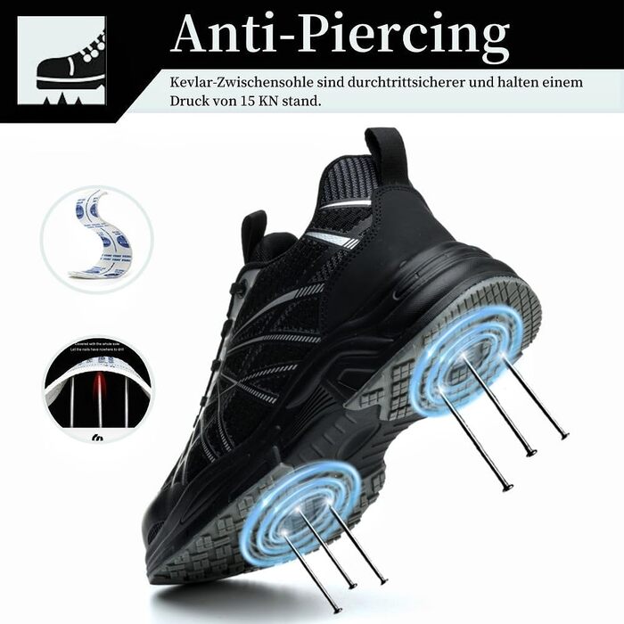 Черевики робочі чоловічі та жіночі, спортивні, з металевим носком, неслизькі, дихаючі, захисні (41 EU, чорний)