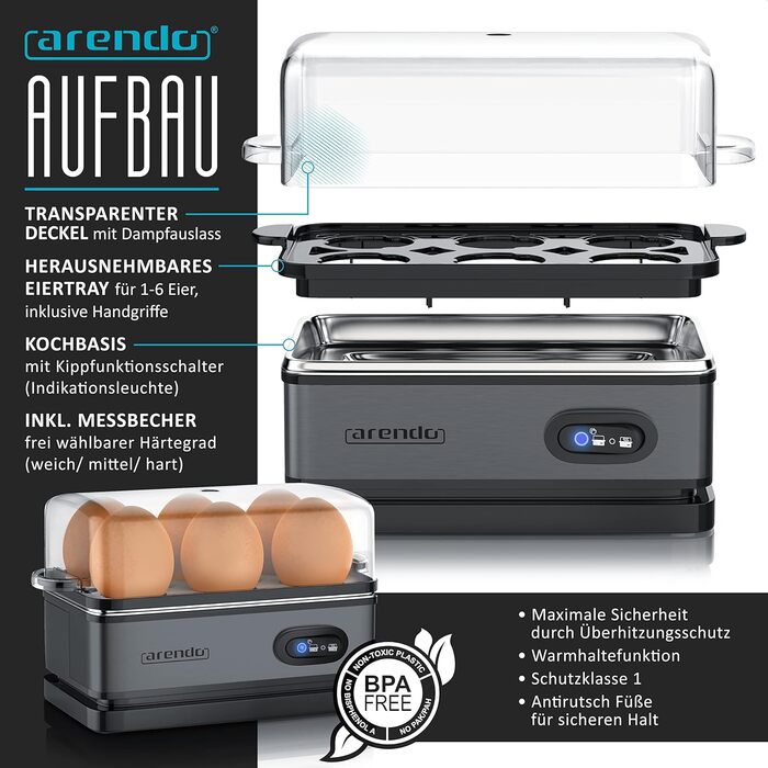 Набір Arendo: чайник, тостер та яйцеварка, нержавіюча сталь, сірий, 1.5л, 40-100°C, 4 тости, LED-дисплей, 6 рівнів підсмажування, для 1-6 яєць