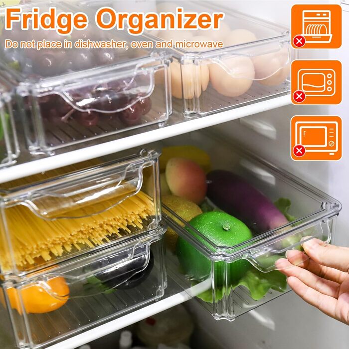 Refrigerator Organizer Set, 6-Piece Organizer Boxes for Refrigerator with Lids, Transparent Refrigerator Boxes Stackable, Storage Boxes for Refrigerator for Kitchen Cabinets
