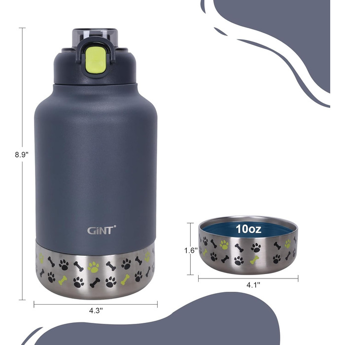 GiNT Ізольована пляшка для води з нержавіючої сталі для собак та людей, багаторазова поїлка-дозатор знімними мисками та сумкою, не протікає, для прогулянок, походів, кемпінгу, авто (темно-сірий)