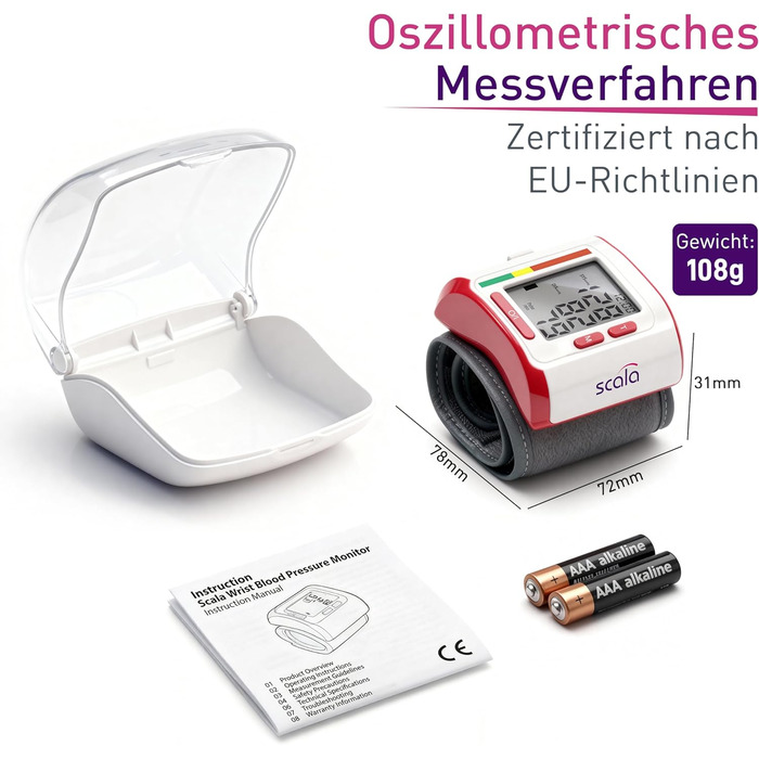 Тонометр на зап'ястя Scala SC 6400 - точний вимірювач артеріального тиску з індикатором ВООЗ, 85 місця пам'яті, Fuzzy Logic, з коробкою та батарейками, манжета 13,5-19,5 см