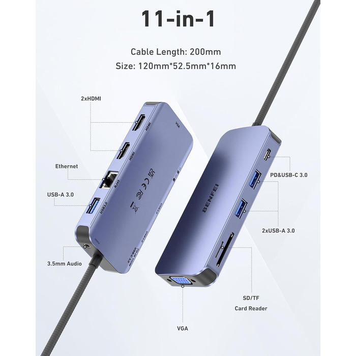 Док-станція BENFEI USB-C MST Hub - 11 в 1: 2HDMI 4K, VGA, 3 x USB 3.0, SD/TF, Ethernet, PD 100W, 3.5mm Aux для MacBook, XPS, Surface (Сірий)